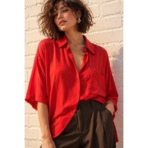 Sostanza Red 100% Silk Short Sleeve Button Down Blouse Minimalist 90s Large